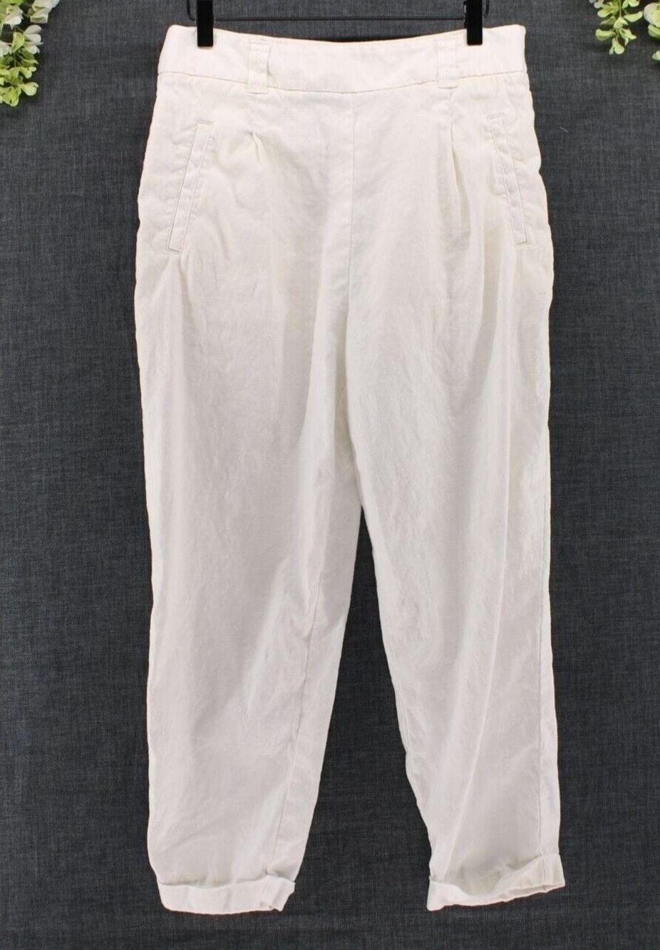 Anthropologie Ettitwa White Linen Cuffed Summer Trousers Pants Sz 10